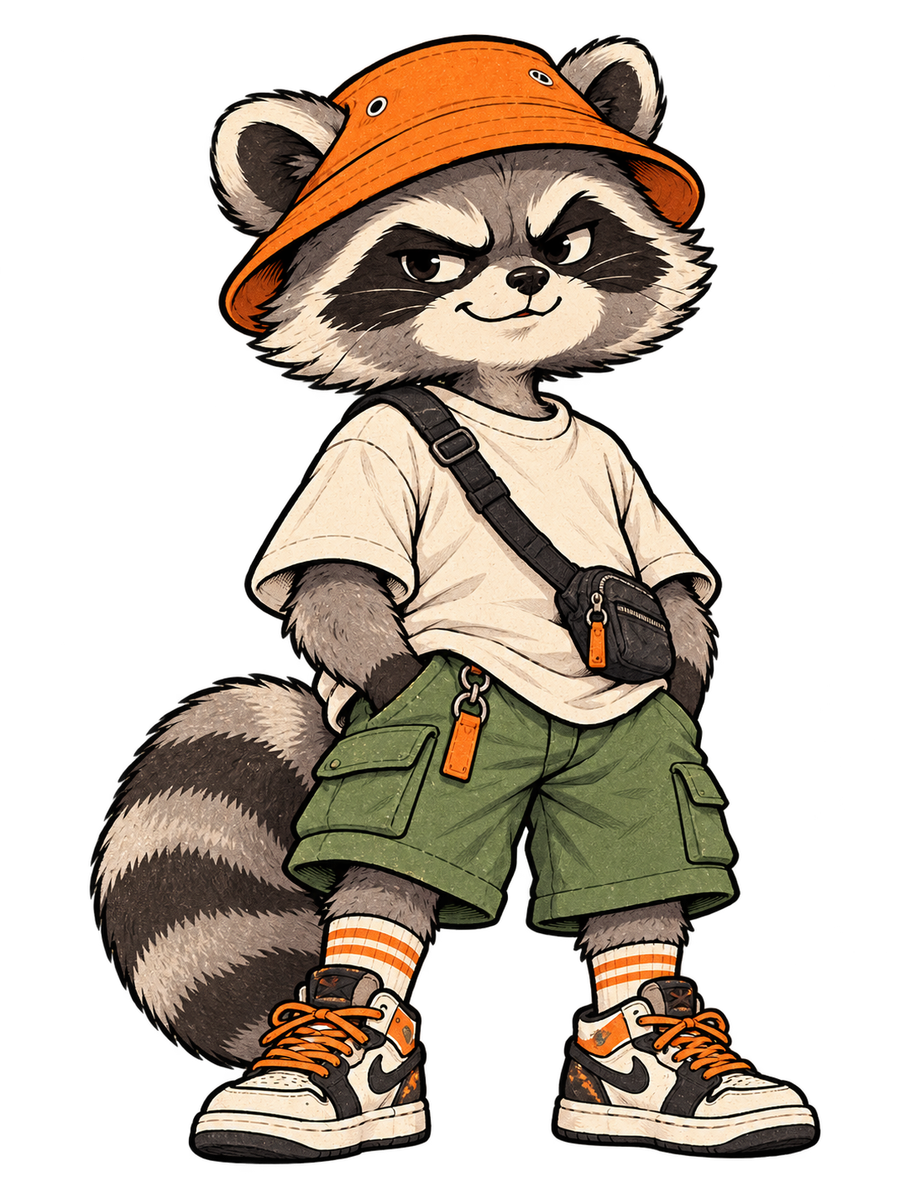 Scout, a full-body cartoon raccoon wearing an orange bucket hat and olive cargo shorts